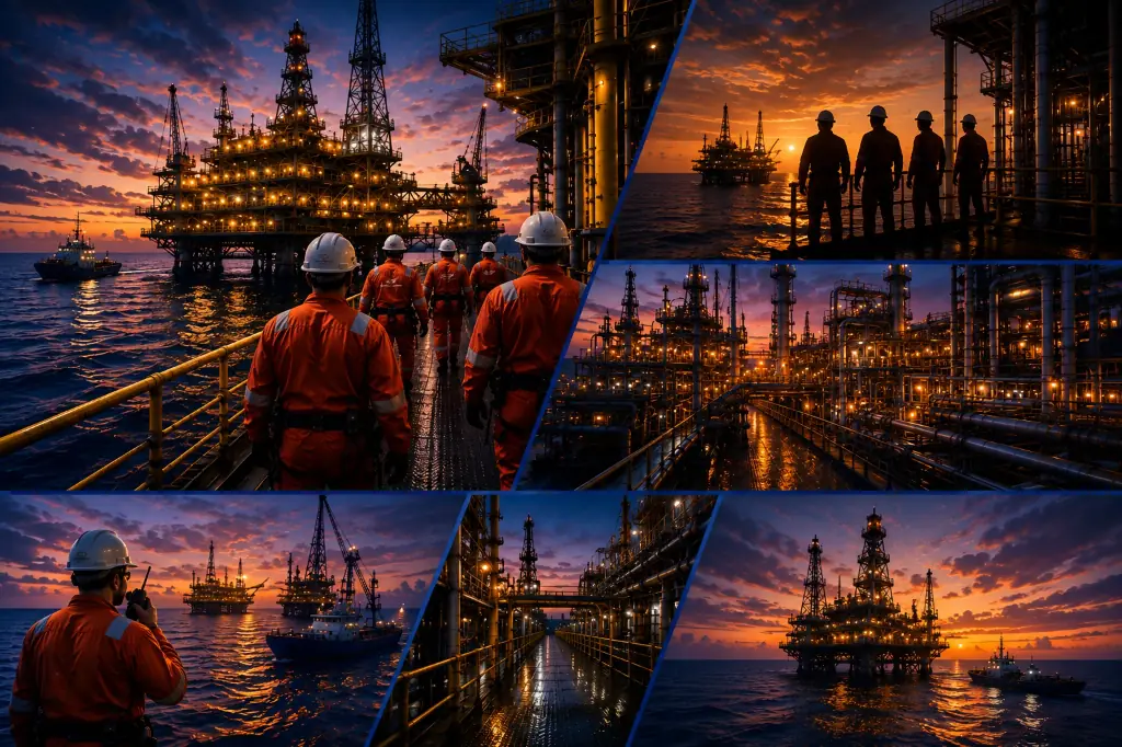 Offshore crews and platforms at dusk